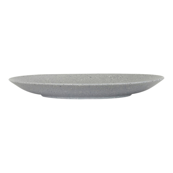 A grey Cal-Mil melamine coupe plate with a white rim.