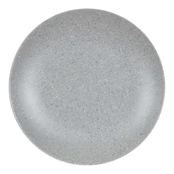 A Cal-Mil gray melamine coupe plate with a speckled surface.