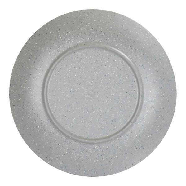 A gray Cal-Mil melamine coupe plate with a speckled surface.