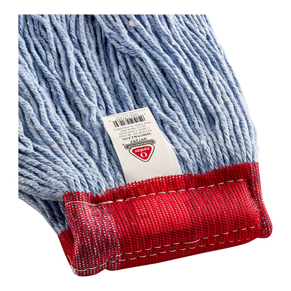 A close up of an O-Cedar blue rayon / synthetic blend mop head with a 5" band.