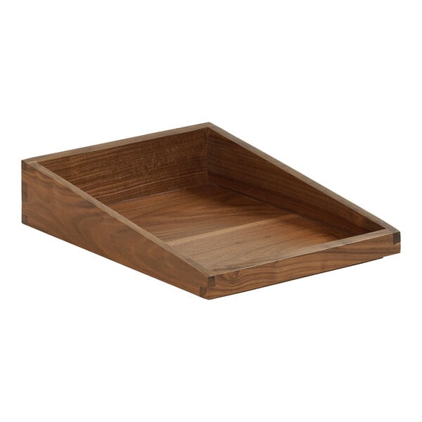 A Cal-Mil walnut wooden box with a triangular shape and a handle.