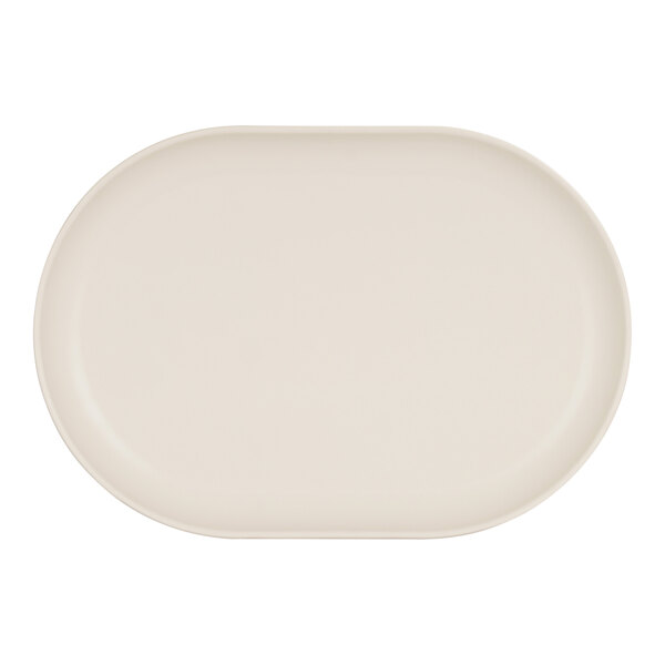 An ivory oval melamine platter with a white background.