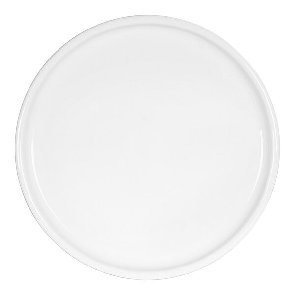 A close-up of a white Cal-Mil melamine plate with a rolled rim.