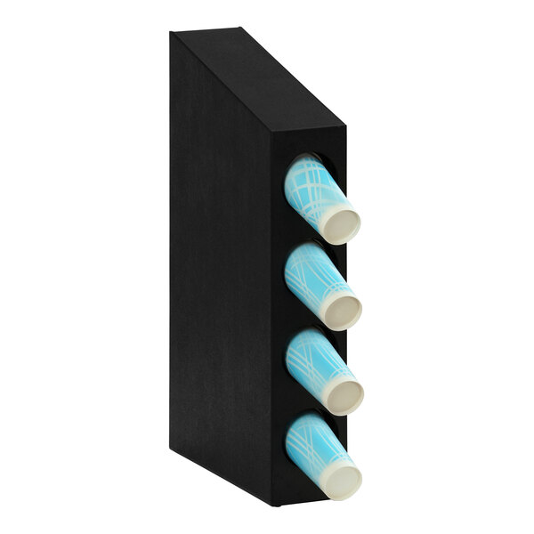 A black Cal-Mil countertop cup dispenser with four compartments holding blue and white paper cups.
