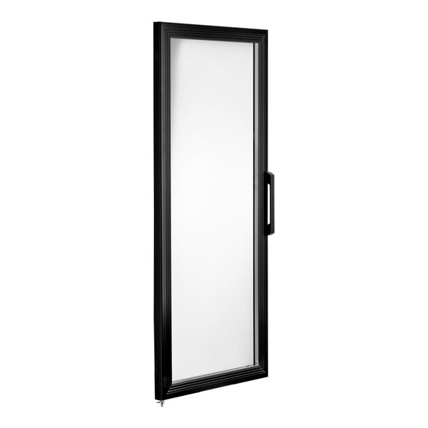 A black rectangular door with a white glass handle.