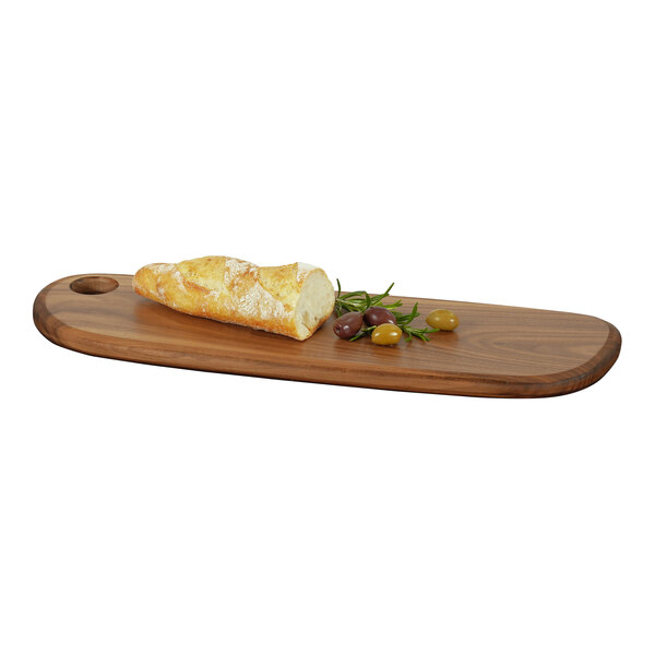 A Cal-Mil Sydney walnut wooden serving board with bread and olives on it.