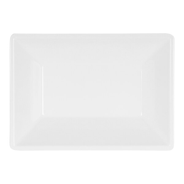 A white rectangular Cal-Mil melamine plate.