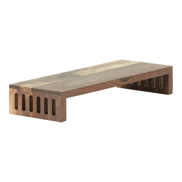 A Cal-Mil Sydney walnut display stand with a metal base.