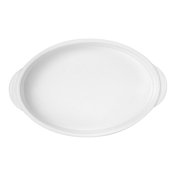 A white oval plate with handles.