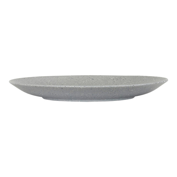 A Cal-Mil Coronado gray melamine coupe plate with speckled surface.