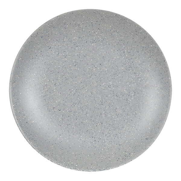 A Cal-Mil Coronado round gray melamine coupe plate with speckles.