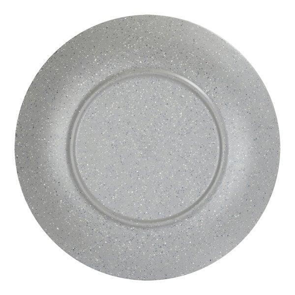 A gray melamine coupe plate with a speckled surface.