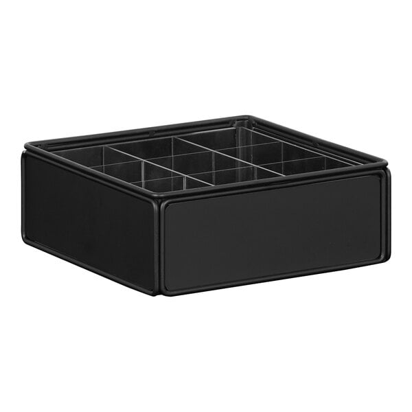 A black metal box with nine compartments in a grid.