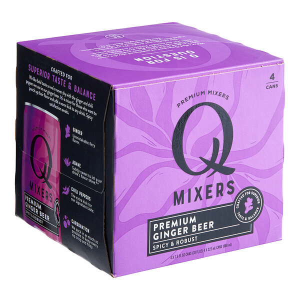 A purple box of Q Mixers Premium Ginger Beer cans.