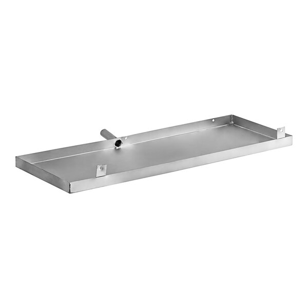 An Avantco metal rectangular evaporator drain pan with a metal handle and holes.