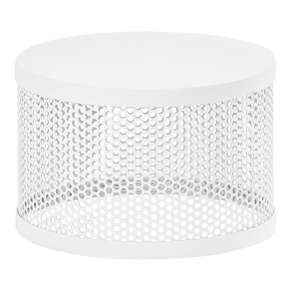A white Cal-Mil metal round display stand with perforated metal.