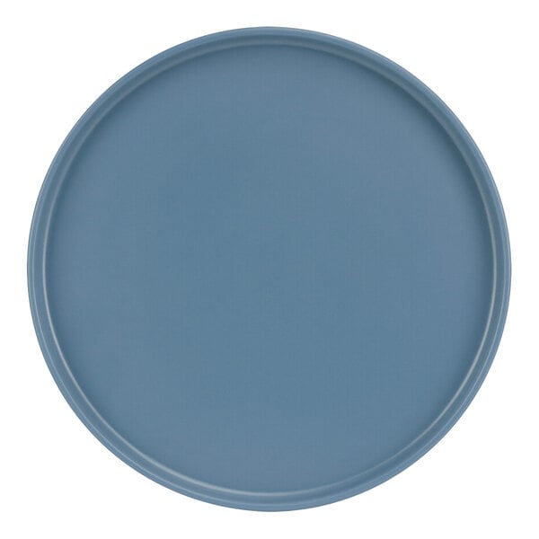 A close-up of a Cal-Mil Stone Blue low rim melamine plate.