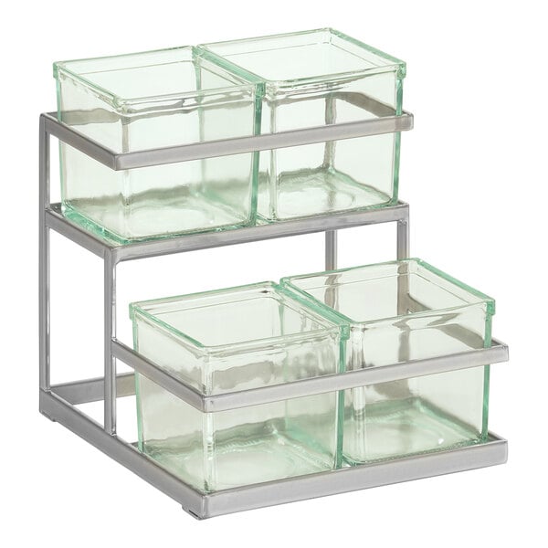 A metal rack holding two glass containers on a metal stand.