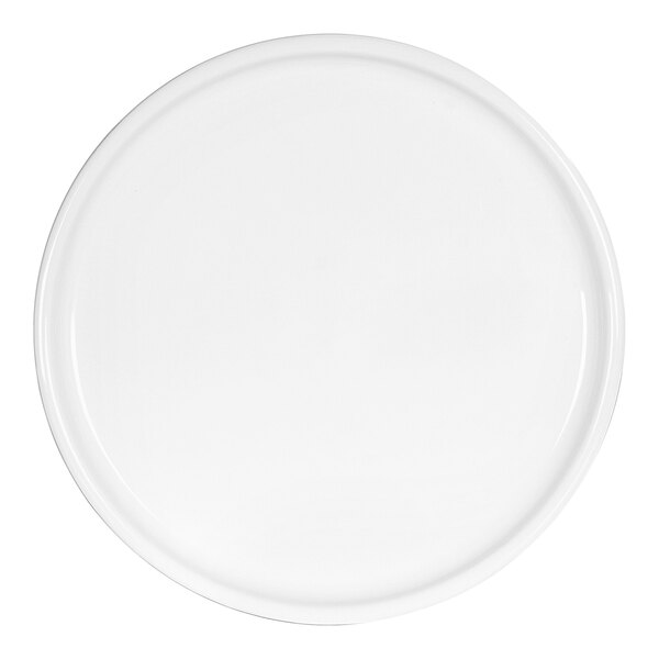 A close up of a Cal-Mil white melamine plate with a rolled rim.