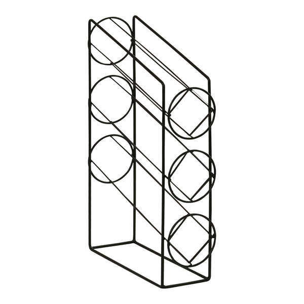 A black metal Cal-Mil countertop cup dispenser rack with circles and rings.
