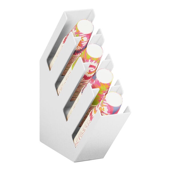 A white Cal-Mil slanted cup and lid organizer.