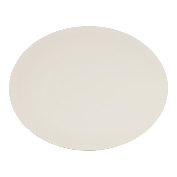 A ivory oval melamine platter with round edges on a white background.