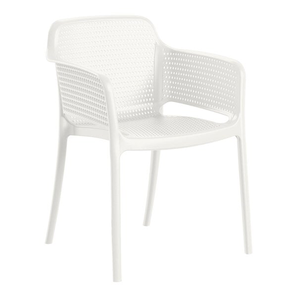 A white plastic Lancaster Table & Seating Rio arm chair with a white mesh back.