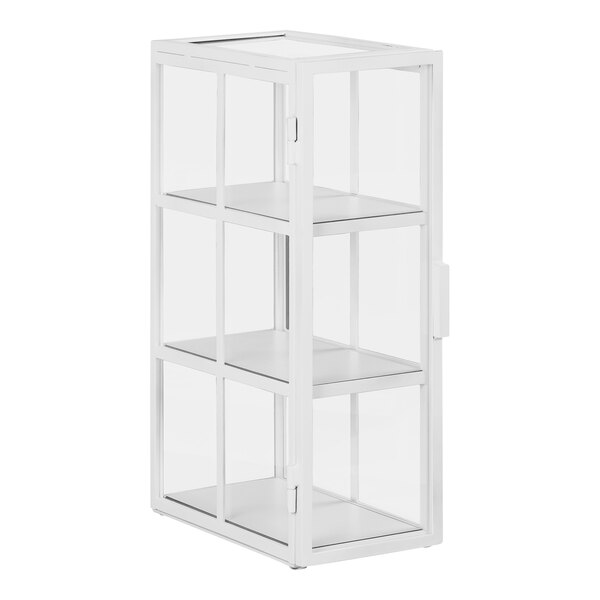 A white metal Juno bread display with glass shelves.