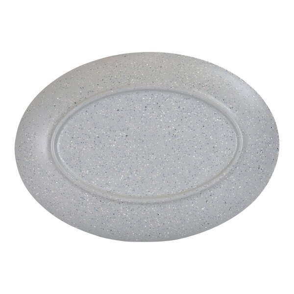 A gray oval melamine platter with a white rim.
