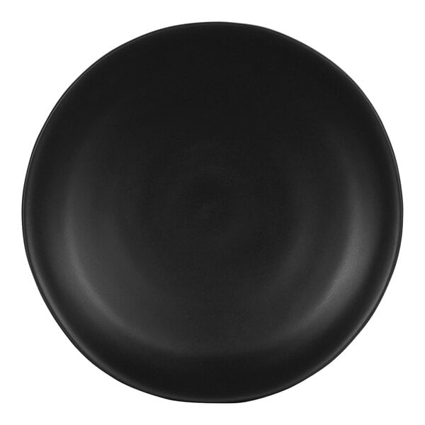 A black Cal-Mil melamine coupe plate with a white circle.