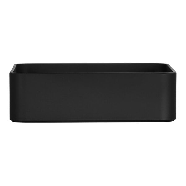 A black rectangular Cal-Mil Hudson melamine bowl on a counter.