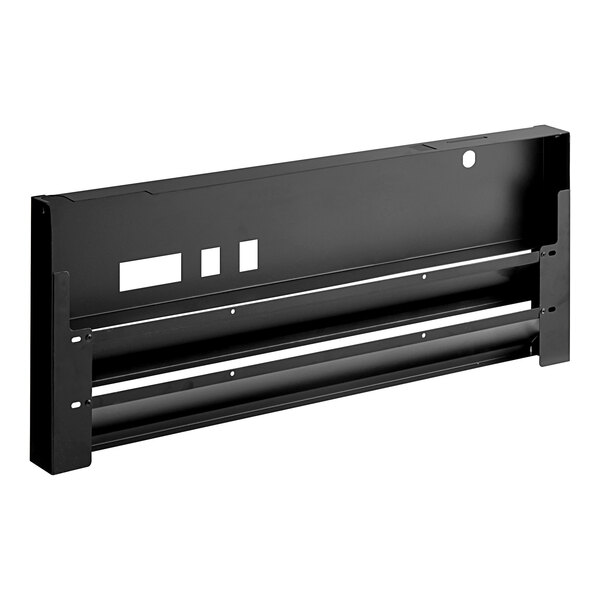 A black metal front grille with white text.