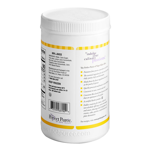 A white plastic jar of Perfect Puree Yuzu Luxe Sour Blend with a white plastic cap.