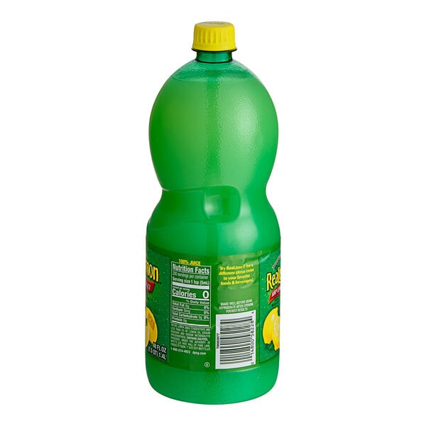 A green plastic bottle of ReaLemon 100% Lemon Juice with a yellow label and cap.