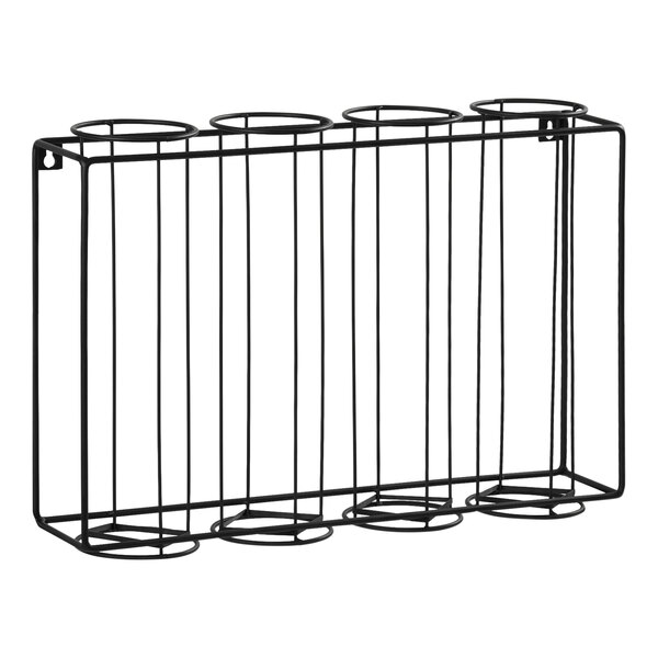 A black metal Cal-Mil wall-mount cup dispenser with four compartments.