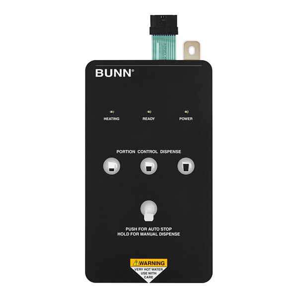 A black rectangular Bunn membrane switch with buttons and a green strip.