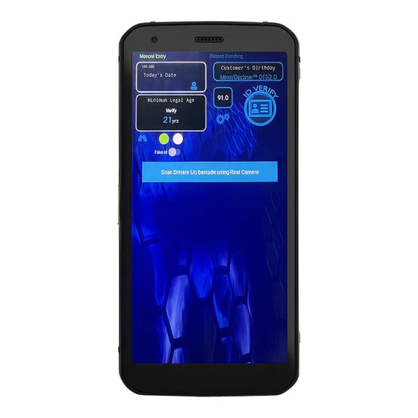 A black Minor Decliner Smart Mobile-C ID Scanner being used to scan an ID with a blue screen.