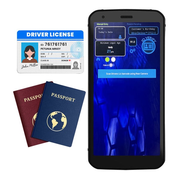 Minor Decliner Smart Mobile-C ID Scanner being used to scan a driver's license and passport on a cellphone screen.