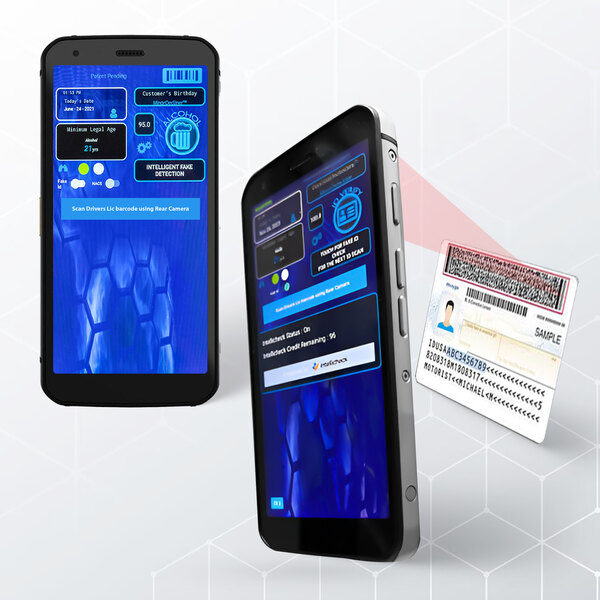 A pair of cell phones with the Minor Decliner Smart Mobile-C ID Scanner screen displayed.