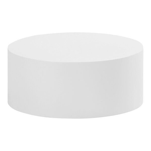 A white metal round display stand with a white background.