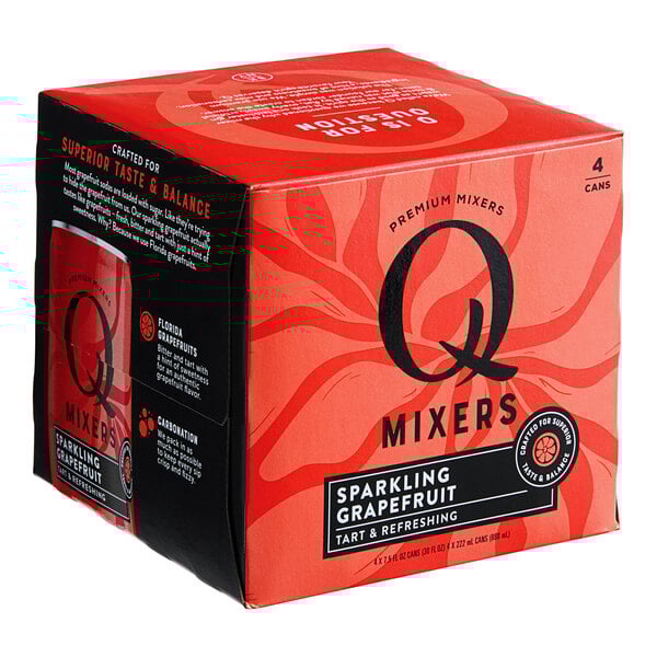 A red and black case of 24 Q Mixers Sparkling Grapefruit cans.