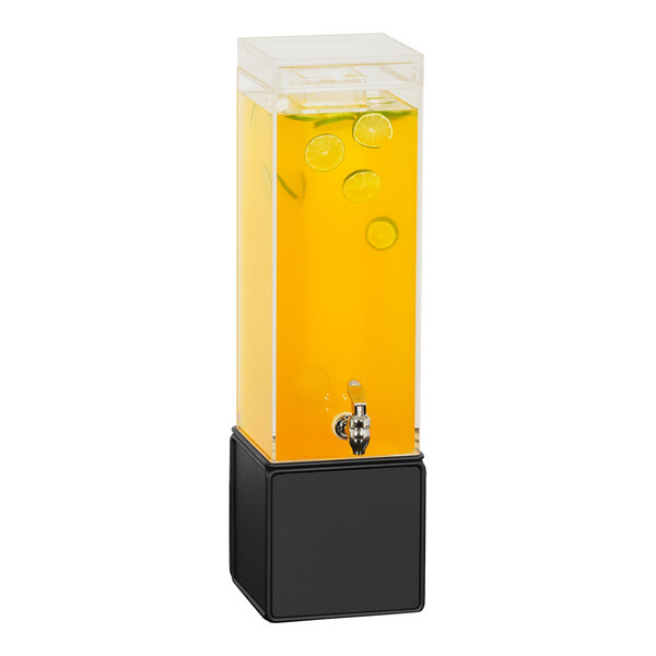 A black Cal-Mil beverage dispenser with a yellow liquid container and faucet.