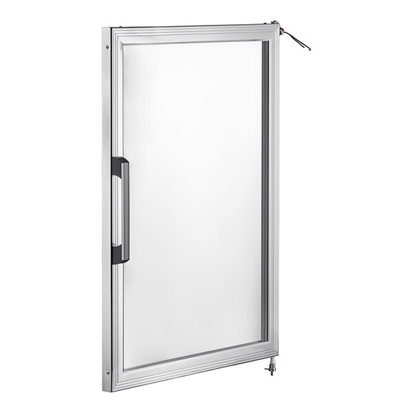 A silver glass door with a handle for an Avantco refrigeration unit.