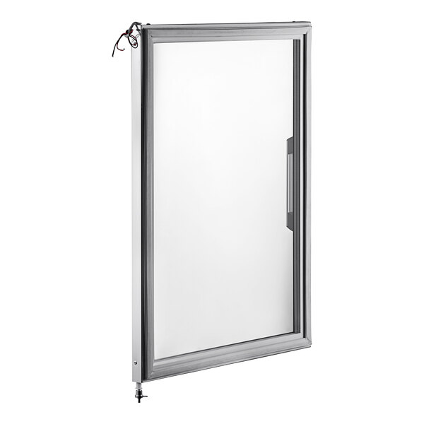A white metal door with a rectangular glass window.