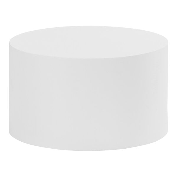 A white metal round display stand on a white surface.