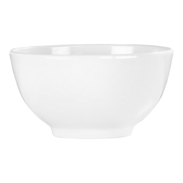 A close-up of a white Cal-Mil melamine bowl.