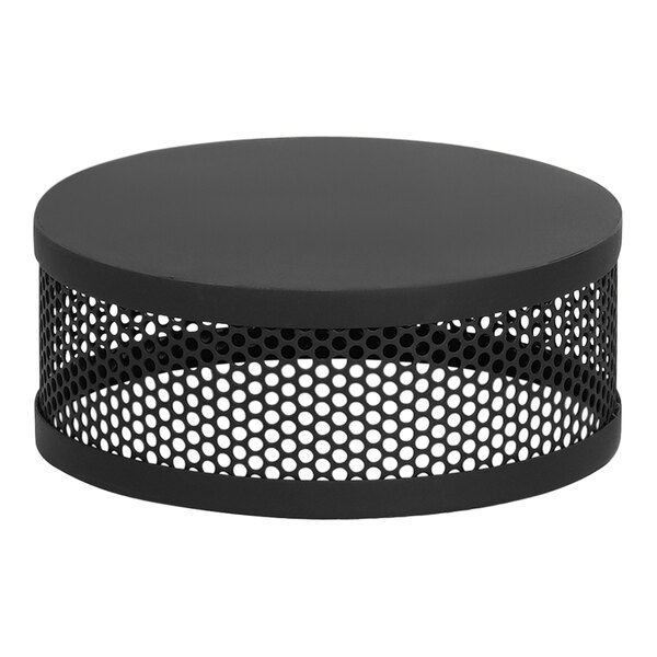 A black round Cal-Mil metal display stand with perforated holes.