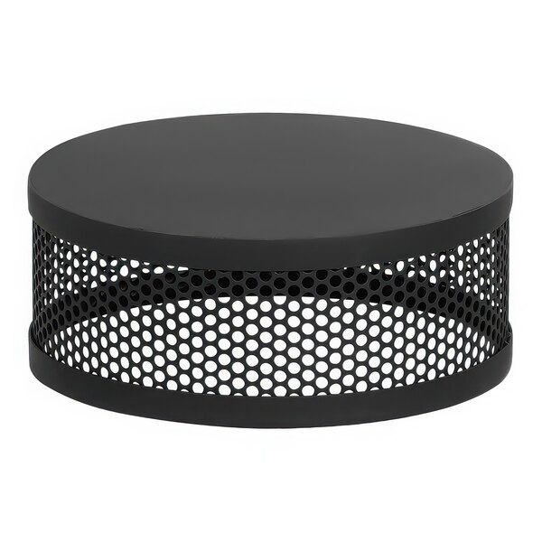 A black round metal display stand with perforated holes.