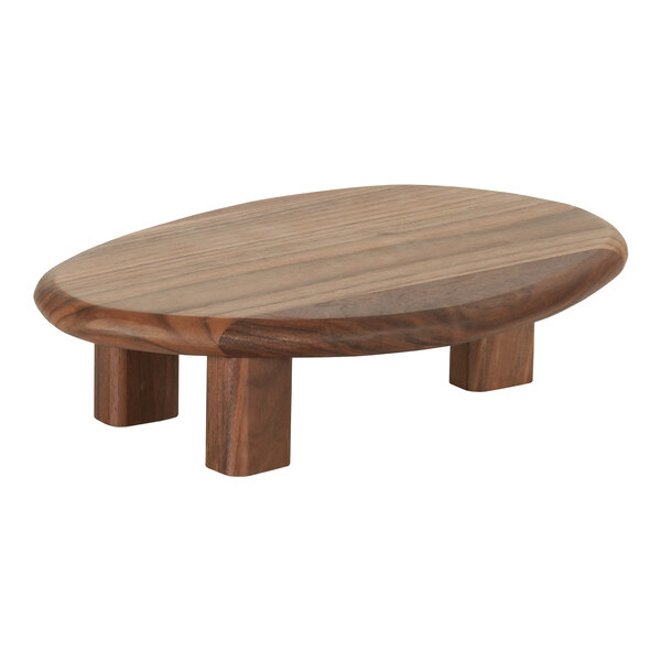 A Cal-Mil Sydney walnut display stand on a table with legs.