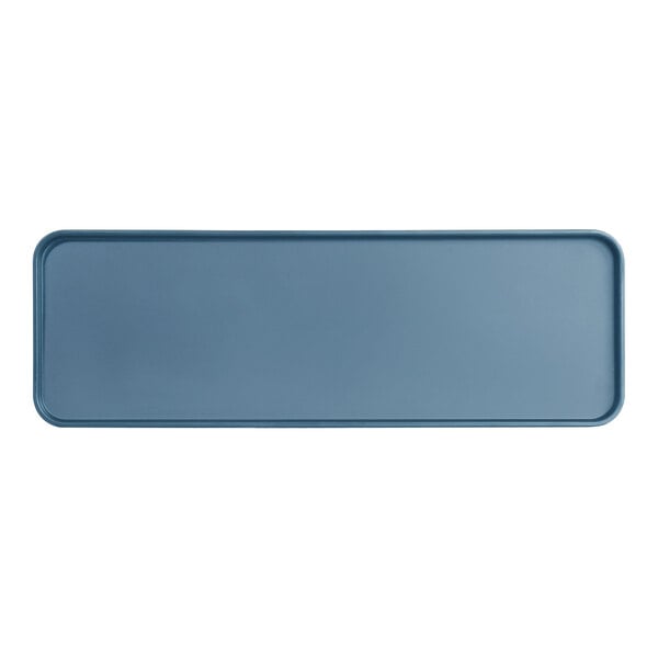 A blue rectangular Cal-Mil melamine tray with a raised white rim.